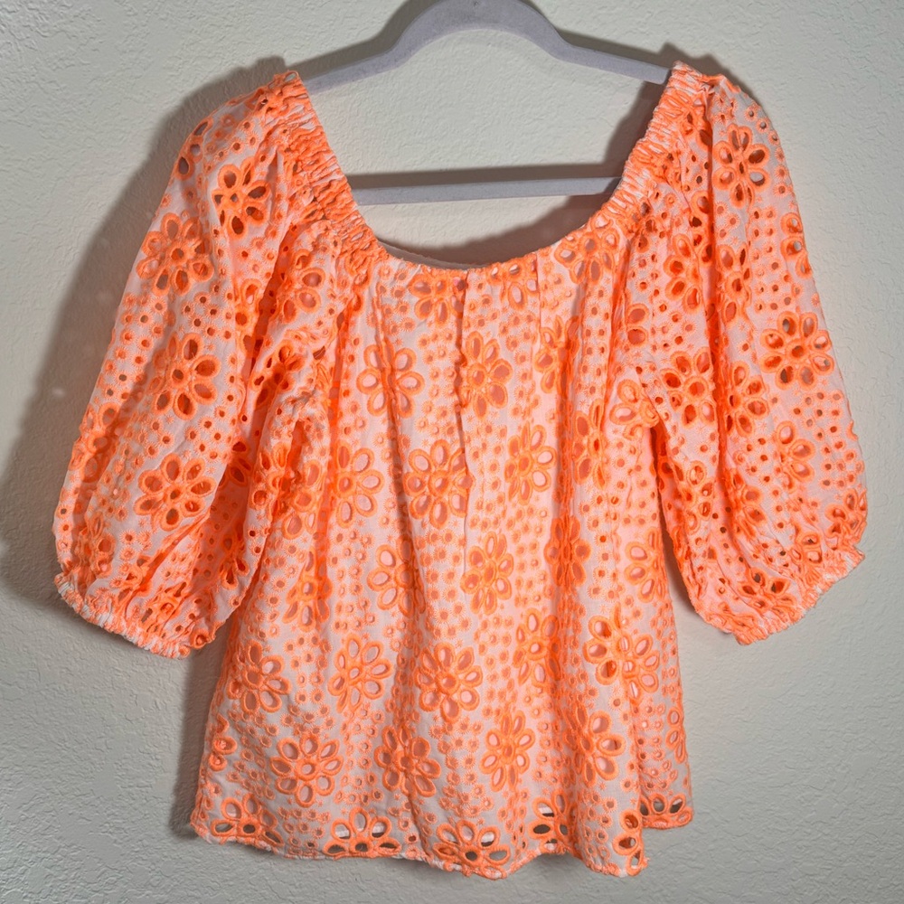Lilly Pulitzer Kerrigan Elbow Sleeve Top Cantaloupe Funflower Eyelet - Picture 8 of 11